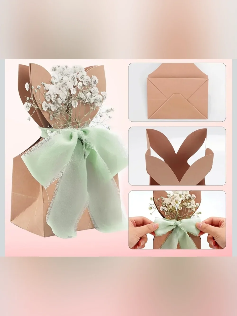 New Boho Gift Boxes w/ Dried Flowers & Ribbon Set DIY Rustic Kraft Favor Gifts